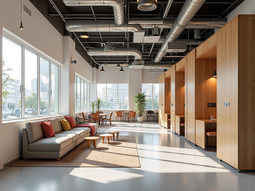 大学社空间内部环境,现代简约装修风格,年轻人在舒适的公共区域交流学习